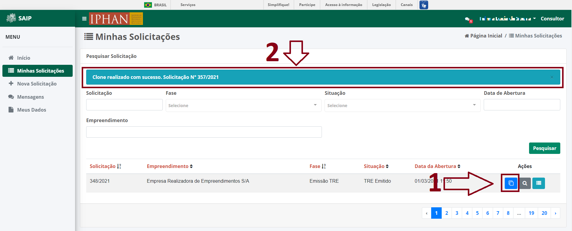 SAIP Minhas Solicitacoes Clonar Solicitacao