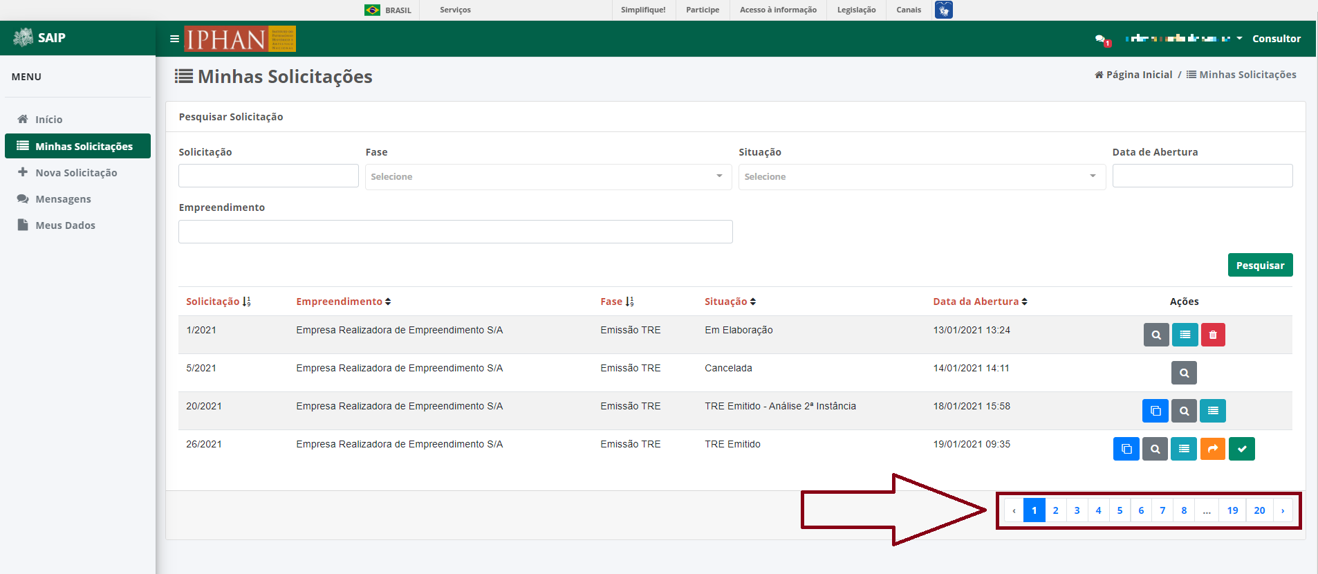 SAIP Minhas Solicitacoes Pesquisar Resultado Paginacao