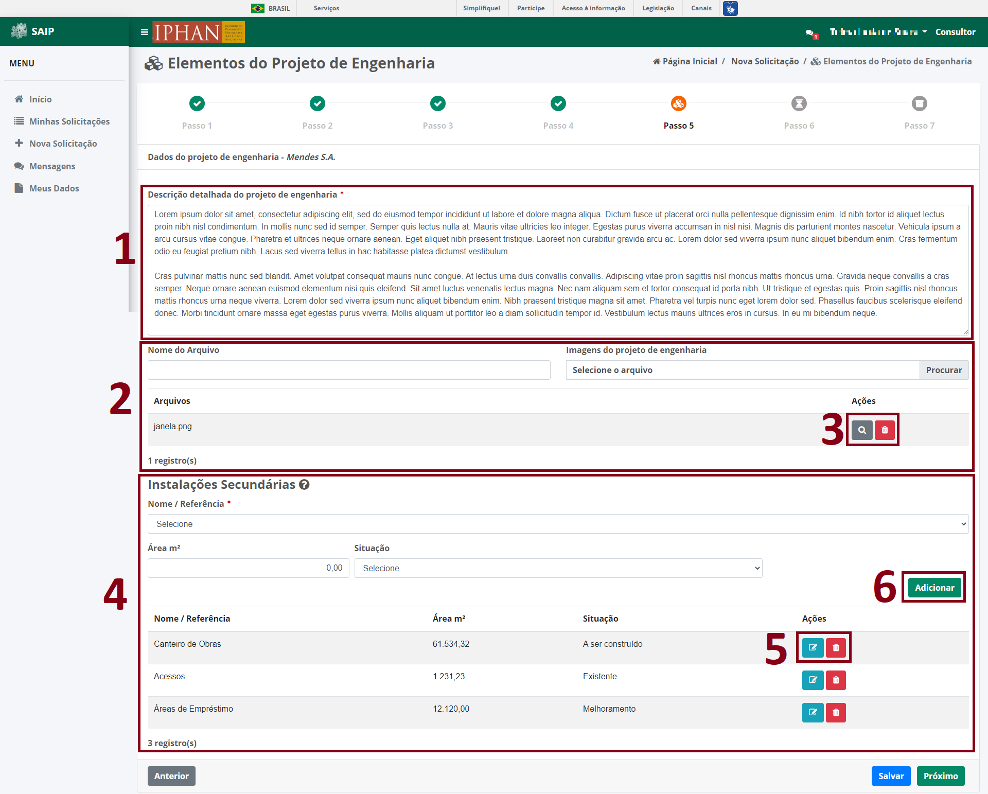 SAIP Nova Solicitacao Passo 5 Elementos Projeto Engenharia Infos