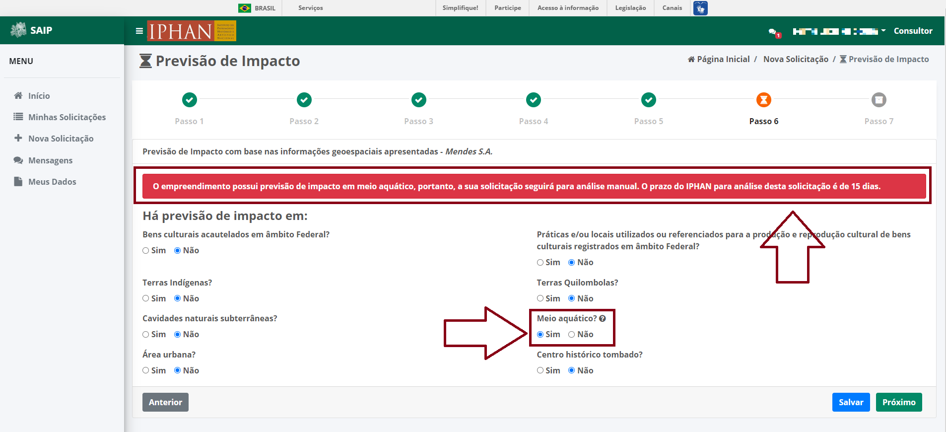 SAIP Nova Solicitacao Passo 6 Previsao Impacto Meio Aquatico