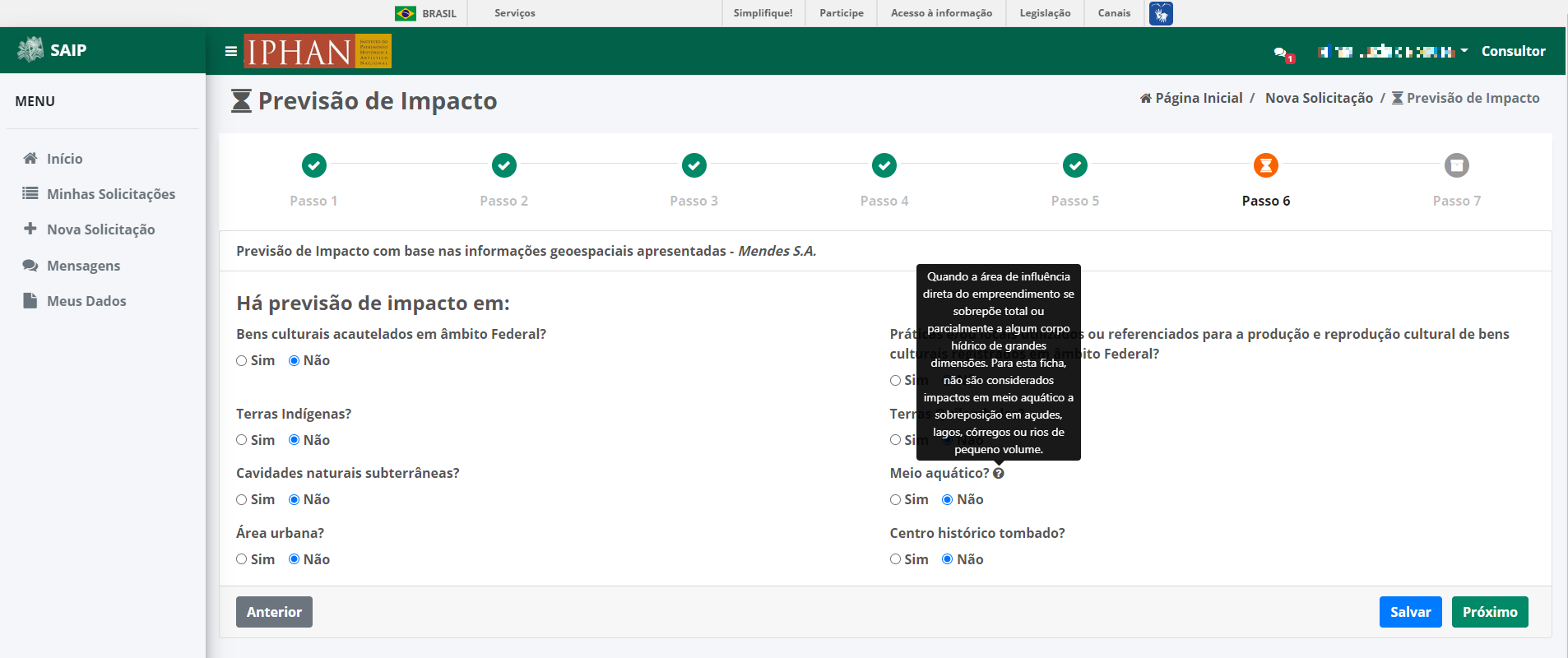 SAIP Nova Solicitacao Passo 6 Previsao Impacto Info Meio Aquatico