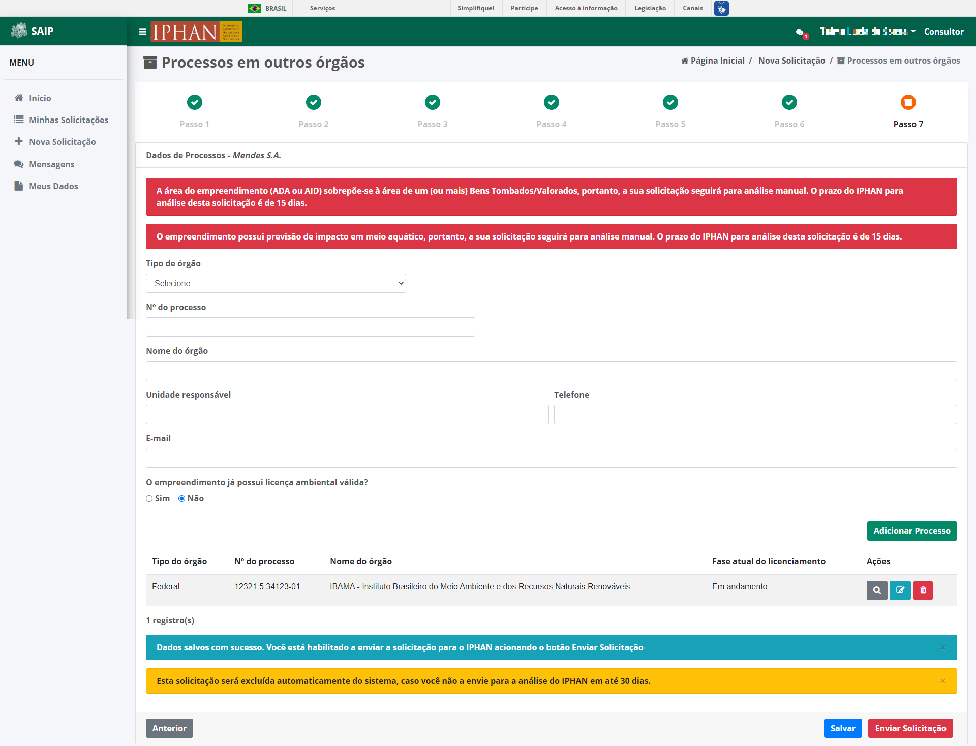SAIP Nova Solicitacao Passo 7 Processos Salvar
