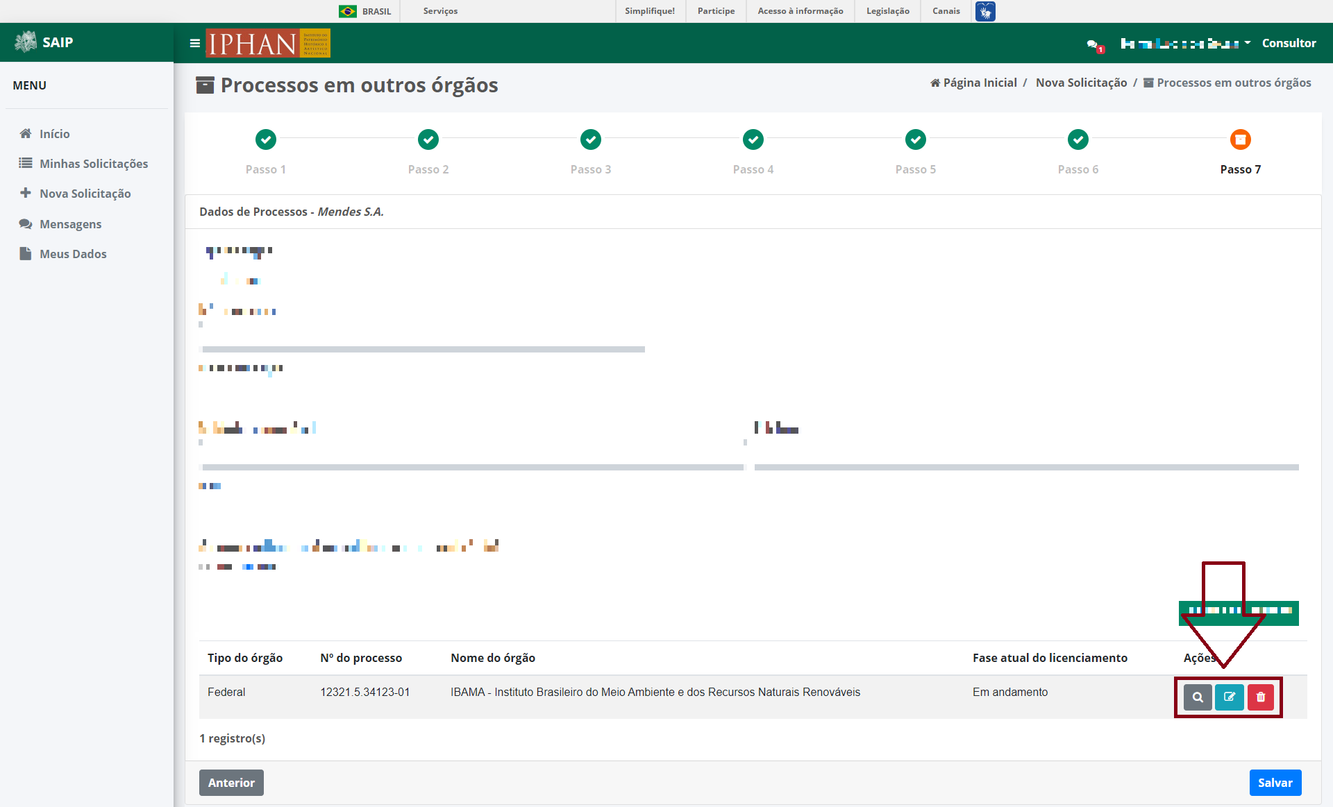 SAIP Nova Solicitacao Passo 7 Processos Processo Lista Acoes