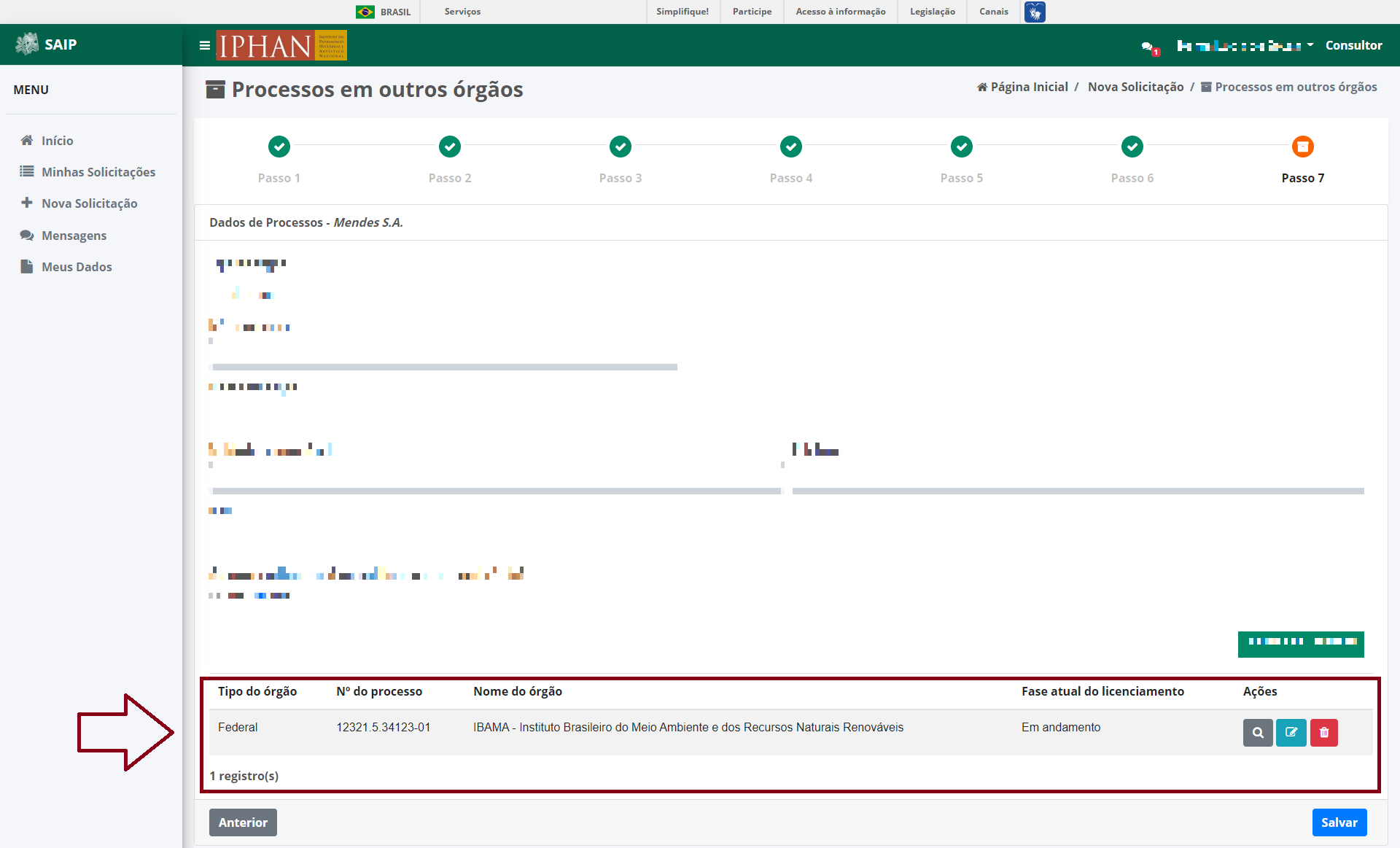 SAIP Nova Solicitacao Passo 7 Processos Processo Lista