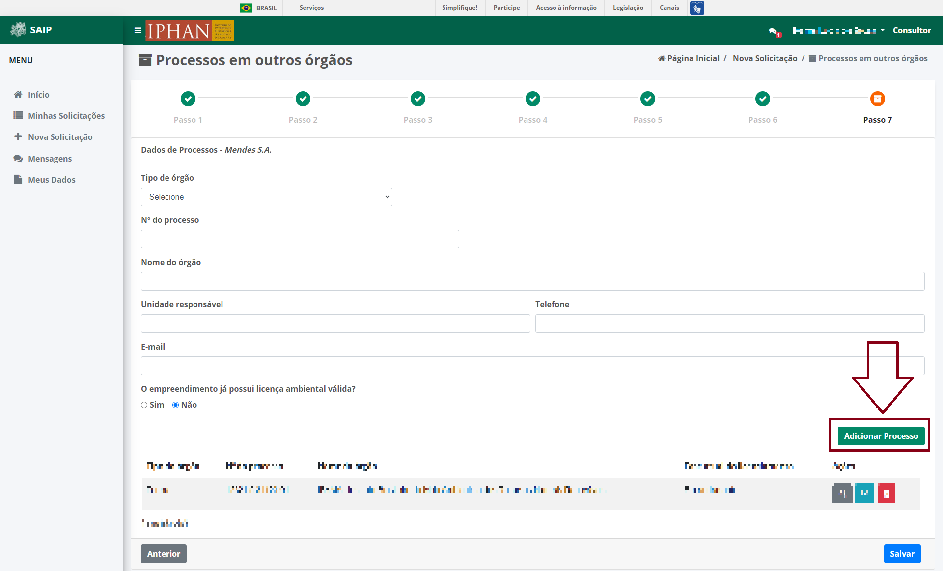 SAIP Nova Solicitacao Passo 7 Processos Incluir Processo Adicionar