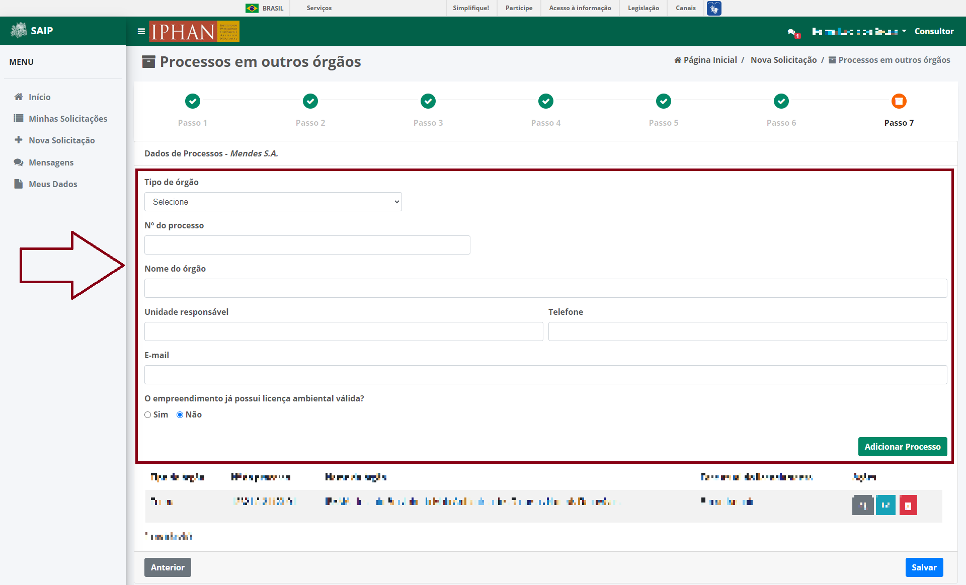 SAIP Nova Solicitacao Passo 7 Processos Incluir Processo