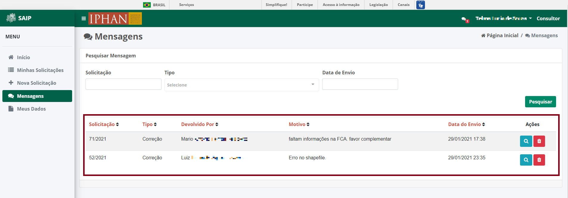 SAIP Mensagens Pesquisar Resultado